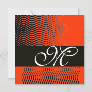 STYLISH WAVES MONOGRAM, black and white,red Invitation