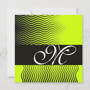 STYLISH WAVES MONOGRAM, black and white,yellow Invitation