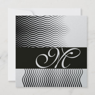 STYLISH WAVES MONOGRAM,black white,silver metallic Invitation