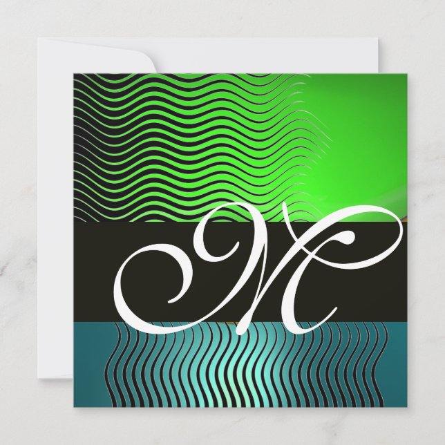 STYLISH WAVES MONOGRAM,blue turquase emerald green Invitation (Front)