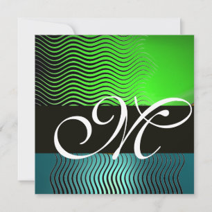 STYLISH WAVES MONOGRAM,blue turquase emerald green Invitation