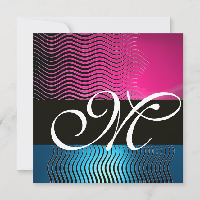 STYLISH WAVES MONOGRAM,pink, blue sapphire Invitation (Front)