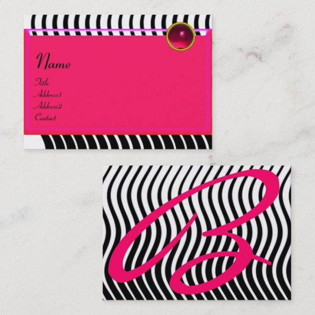 STYLISH WAVES MONOGRAM RUBY,Black White Pink Business Card (Front/Back)
