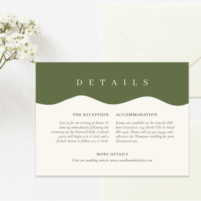 Stylish Wavy Curve Olive Green Wedding Details Enclosure Card (Creator Uploaded)
