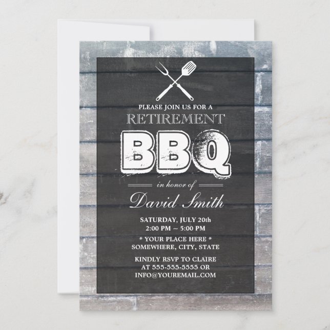Stylish Weathered Wood BBQ Retirement Party Invitation (Front)