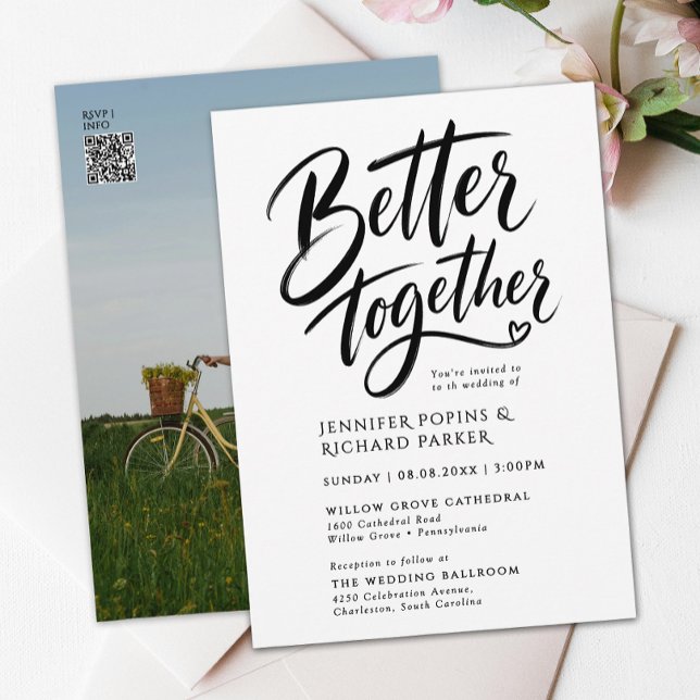 Stylish Wedding Black Script Better Together Photo Invitation (Creator Uploaded)