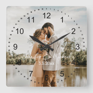 stylish wedding day photo black numbers square wall clock