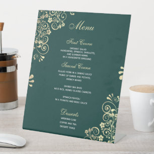 Stylish Wedding Menu Emerald Green Gold Pedestal Sign