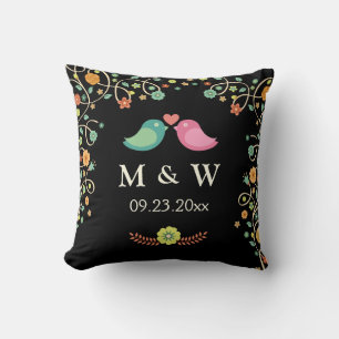 Stylish Wedding Monogram Floral Love Birds Couple Cushion