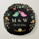 Stylish Wedding Monogram Floral Love Birds Couple Round Cushion<br><div class="desc">Bride and Groom Monograms Dark Black Floral Love Birds Couple Wedding - A Perfect Wedding Design for your Big Day. (1) All text style,  colours,  sizes can be modified to fit your needs. (2) If you need any customisation or matching stationery,  please feel free to contact me.</div>