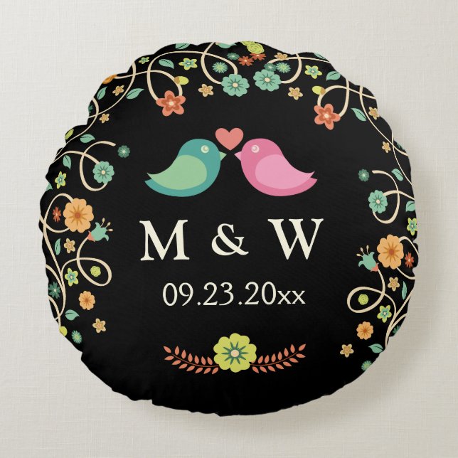 Stylish Wedding Monogram Floral Love Birds Couple Round Cushion (Front)