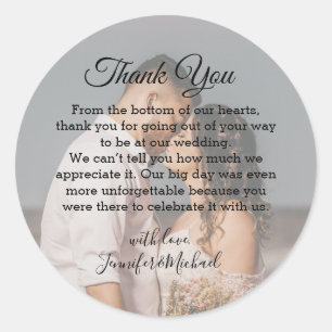 stylish wedding photo classic script thank you classic round sticker