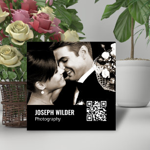 Stylish Wedding Photographer Photo QR Code Black Square Business Card