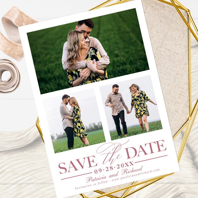 Stylish Wedding Save The Date 3 Photo Collage Invitation (Creator Uploaded)