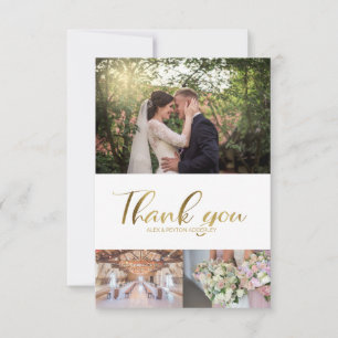 Stylish Wedding Thank You 3 Photo Gold Script Card