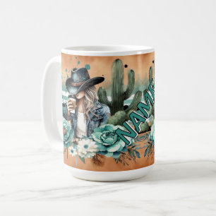 Stylish Western Design With Cactus and Cowgirl  Coffee Mug