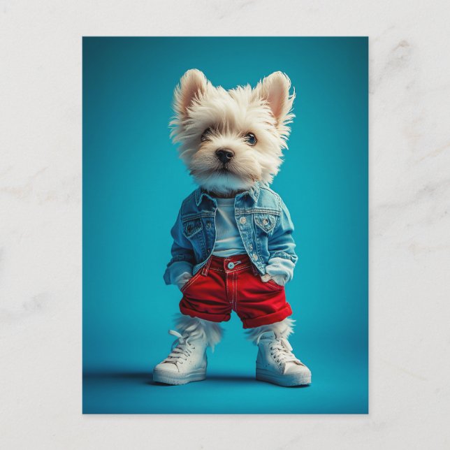 Stylish Westie Pup in Denim and Sneakers Postcard (Front)
