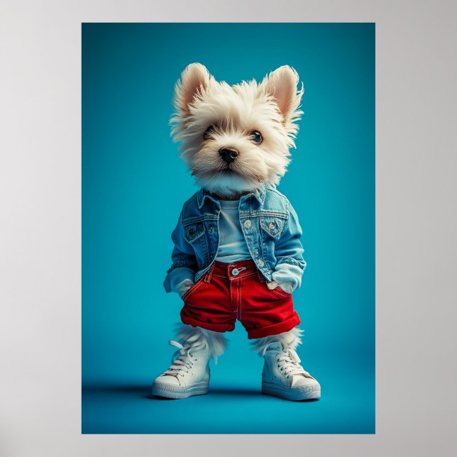 Stylish Westie Pup in Denim and Sneakers Poster (Front)
