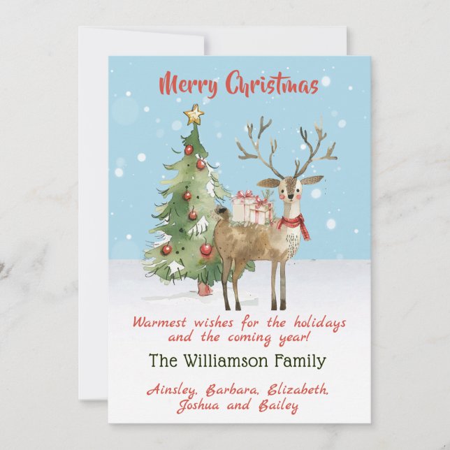 Stylish Whimsical Watercolor Reindeer Tree Card (Front)