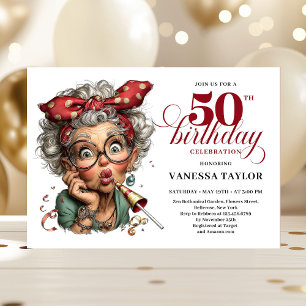 Stylish Whimsical Woman 50th Birthday Funny Cartoo Invitation
