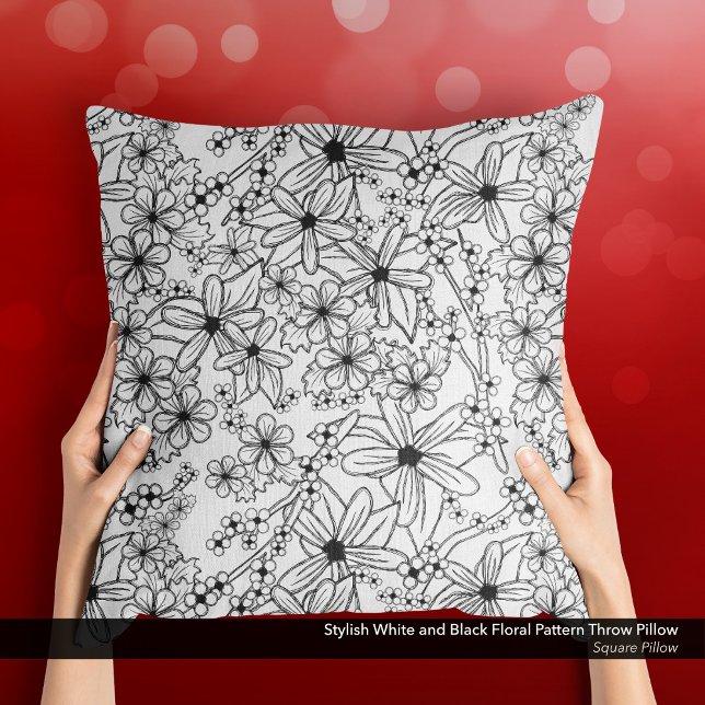 Stylish White and Black Floral Pattern Cushion (Stylish White and Black Floral Pattern Throw Pillow with a Sketch-Like Hand-Drawn Feel.)