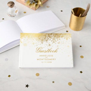 Stylish White and Gold Snowflakes Guest Book