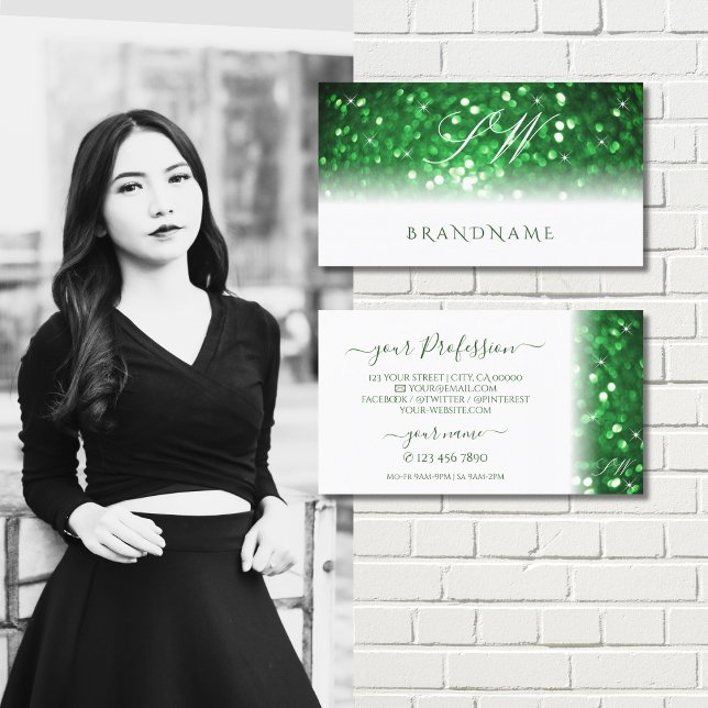 Stylish White and Green Sparkling Glitter Initials Business Card (Creator Uploaded)