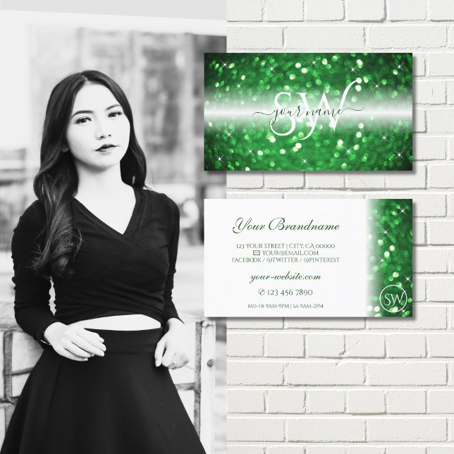 Stylish White and Green Sparkling Glitter Monogram Business Card (Creator Uploaded)