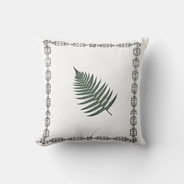 Stylish White Black Fern Leaf Frame Cushion (Front)