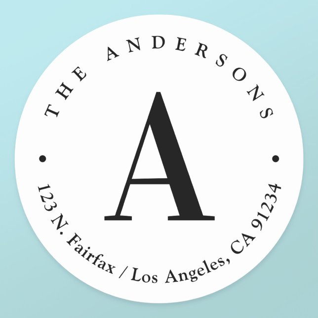 Stylish White & Black Monogram Return Address Classic Round Sticker (Creator Uploaded)