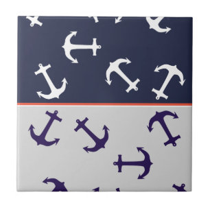 Stylish White Blue Anchors Sea Ocean Tile
