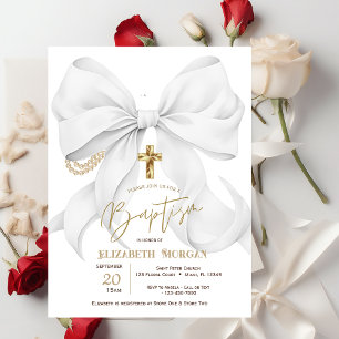 Stylish White Bow Pearls Cross Dots Baptism Invitation