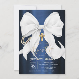 Stylish White Bow Pearls Navy Blue Metallic Invitation