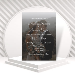 stylish white calligraphy faded photo wedding invitation