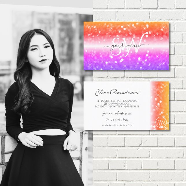 Stylish White Colourful Sparkling Glitter Initials Business Card (Creator Uploaded)
