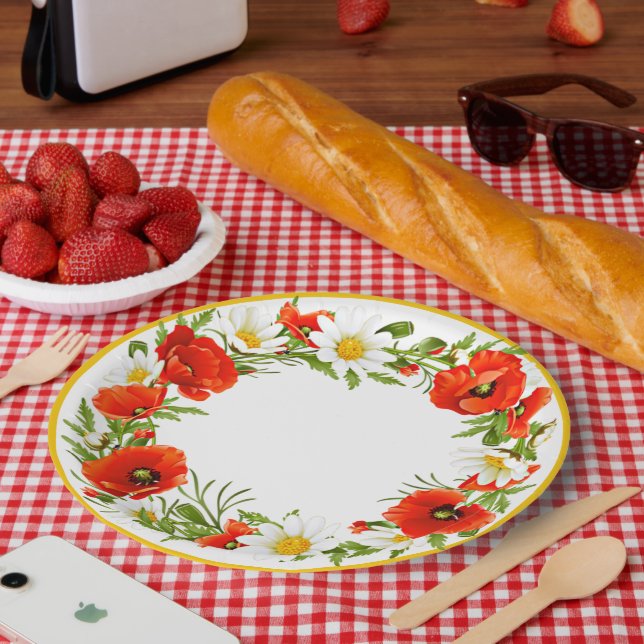 Stylish White Daisies Red Poppies Flower Wreath Paper Plate (Picnic)