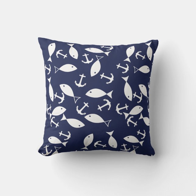 Stylish White Fish Anchor Sea Theme Throw Pillow (Front)