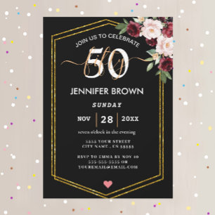 stylish White Floral & Glitter 50th Birthday Party Invitation