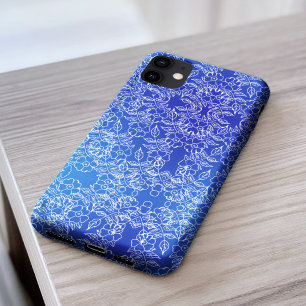 Stylish white Floral pattern swirl on blue Case-Mate iPhone Case