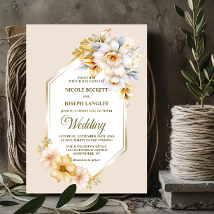 Stylish White Gold Floral Geometric Wedding Invitation