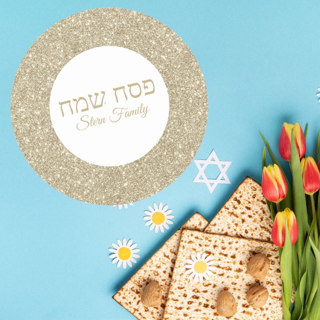 Stylish White Gold Glitter Hebrew Happy Passover  Classic Round Sticker (Creator Uploaded)