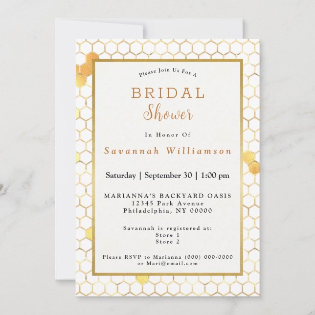 Stylish White Gold Honeycomb Bridal Shower Invitation (Front)