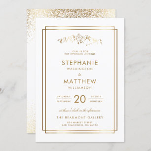 Stylish White & Gold Mountain Wedding Invitation