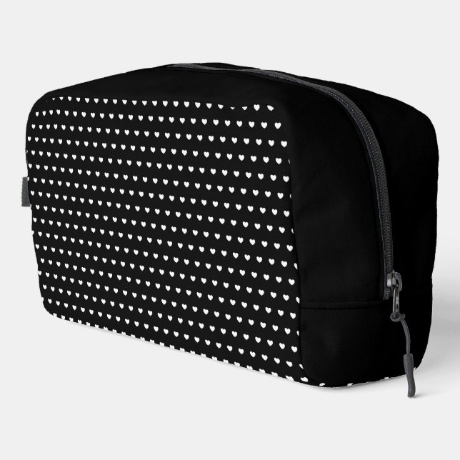 Stylish White Hearts Pattern On Black Dopp Kit (Right Corner)