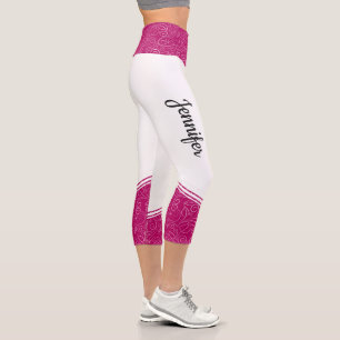 Stylish white magenta floral white stripes & name capri leggings