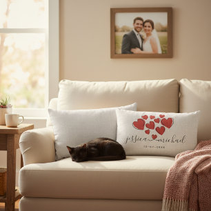 Stylish White Newlyweds Names with Hearts Wedding Lumbar Cushion