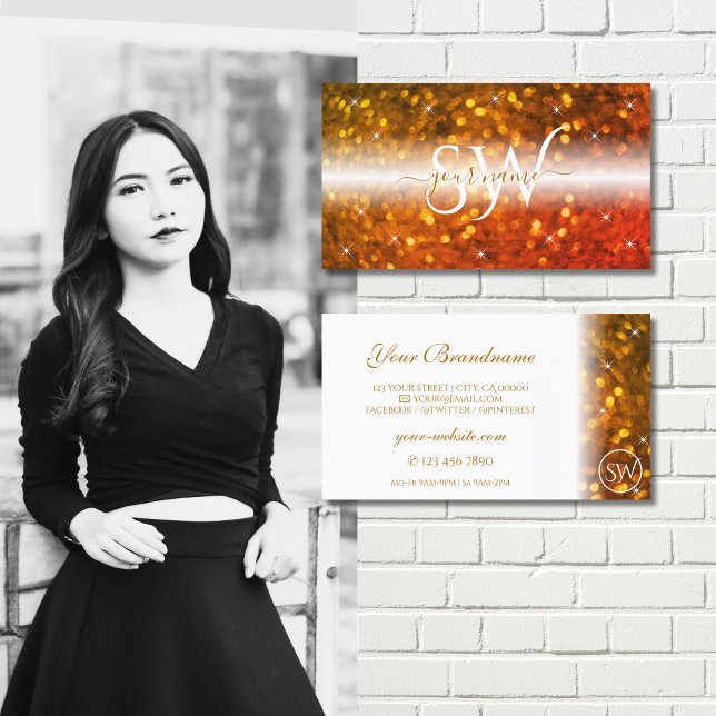 Stylish White Orange Sparkling Glitter Initials Business Card (Creator Uploaded)