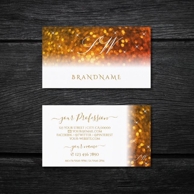 Stylish White Orange Sparkling Glitter Monogram Business Card (Creator Uploaded)
