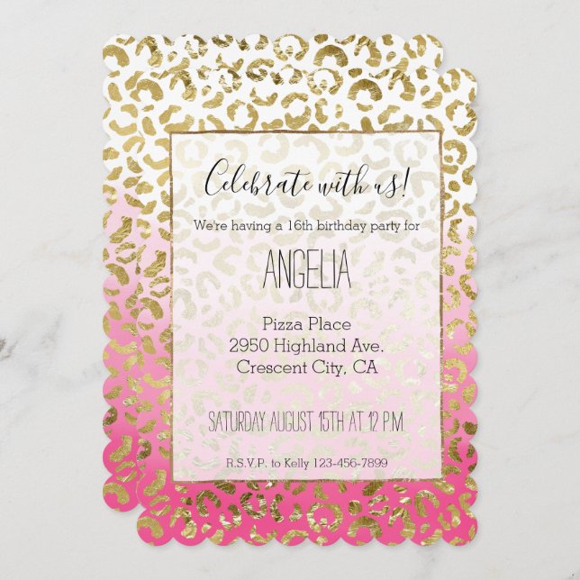 Stylish White Pink Gold Leopard Invitation (Front/Back)