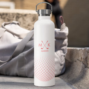 Stylish White Pink Modern Golf Ball Monogram Water Bottle